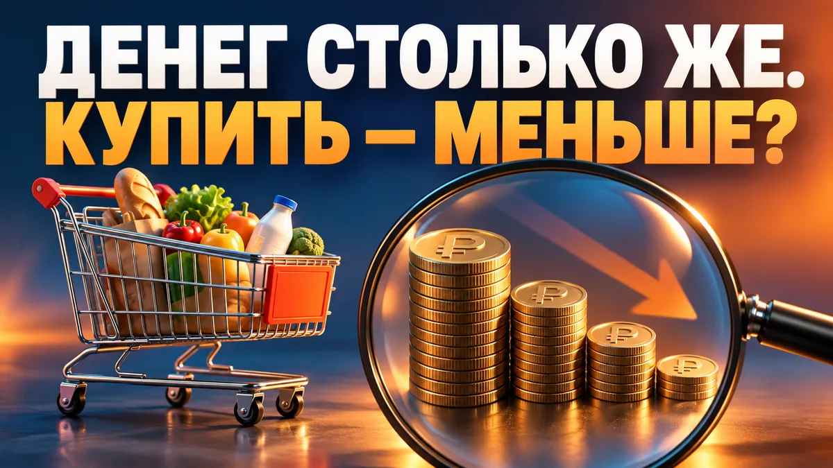 Корзина покупок и уменьшающиеся стопки монет: денег столько же, купить меньше?